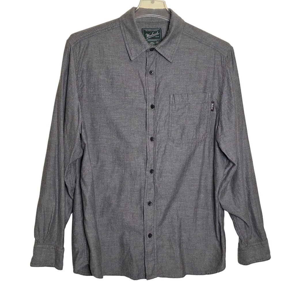 Woolrich Mens Large Long Sleeve Button Down Herringbone Gray Organic Cotton